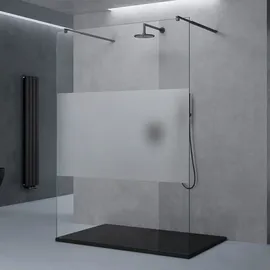 doporro Duschwand Duschtrennwand 150x200 Walk-In Dusche schwarz mit Doppel-Stabilisator aus Echtglas 8mm ESG-Sicherheitsglas Milchglas-Streifen - Transparent/milchig