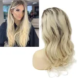 Larafona Perücke Damen Ombre Blonde 100% Echthaar Lockig Glueless Lace Front Wig Curly Transparent Lace 22inch/55cm
