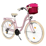 MILORD Damenfahrrad Citybike Komfort Mit Metallkorb Hollandrad Fahrrad, 28 Zoll, 21-Gang, Rosa-Creme - Rosa/Beige