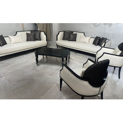 Casa Padrino Luxus Art Deco Wohnzimmer Set Naturfarben / Schwarz / Gold - 2 Art Deco Sofas & 2 Art Deco Sessel & 1 Art Deco Couchtisch - Wohnzimmer Möbel - Art Deco Möbel - Luxus Möbel