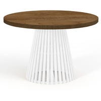 Runder Ausziehbarer Tisch für Esszimmer, DOVER - Industrial/Loft Still mit Lamellenbeine, Durchmesser: 110 / 160 cm, Farbe: Eiche Lefkas / Weiß