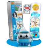 BluePet Hundeshampoo Sensitiv + Badebürste Set I Einmassieren von Shampoo & anregende Massage I Entferne Schmutz & Loses Fell I Inkl. 2X Aufsätze (Weich + Fest) für alle Rassen & Fellarten