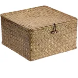 IGNPION Aufbewahrungskorb aus Seegras mit Deckel, rechteckiger geflochtener Weidenkorb für den Schreibtisch, Aufbewahrungsbox für Badezimmer, Wohnzimmer, Aufbewahrungskorb