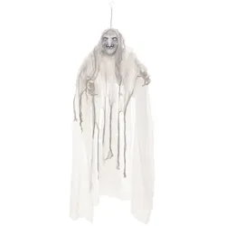 Weiße Hexe, bewegt mit Licht und Geräuschen - Halloween Figur zum Hängen 170x50x20cm
