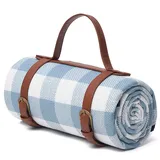 MOWEO Blau und weiß Karierte Picknickdecke,Faltbare wasserdichte Strand Fleece Matte, mit Tragegriff Leichte Picknickdecke,für Camping BBQ Outdoor Indoor