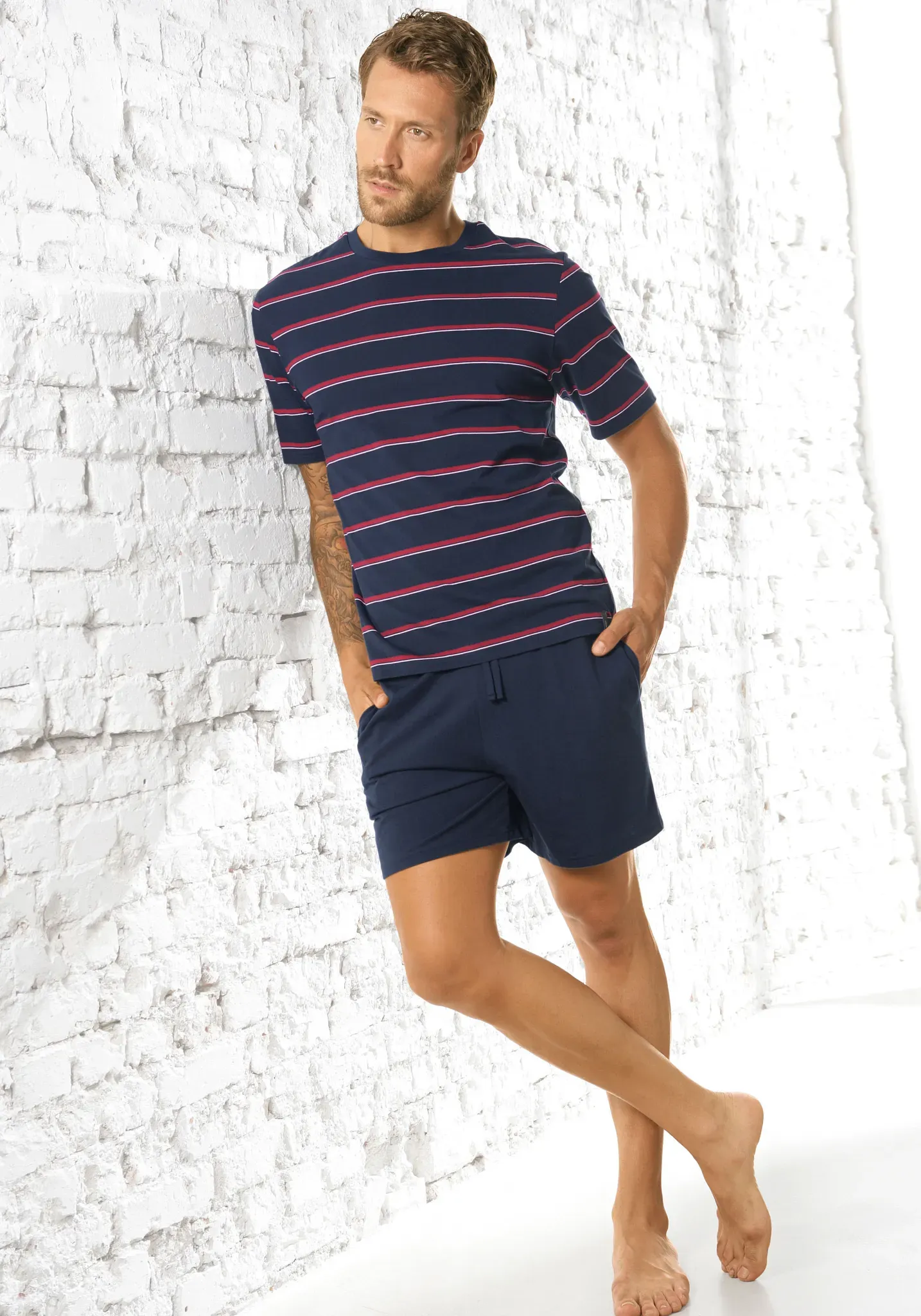 Pyjama H.I.S, Herren, Gr. 56/58 (XL), blau (navy), Single Jersey, Obermaterial: 60% Baumwolle, 40% Polyester, gestreift, Basic, bequem kurz, Rundhals, abgesteppte Kante, Homewear-Sets Pyjama, Schlafanzug mit garngefärbten Streifen