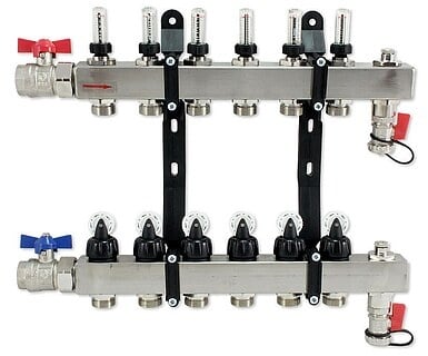 Edelstahl-Verteiler für Fußbodenheizung für 6 Kreise mit Topmeter und Zubehör