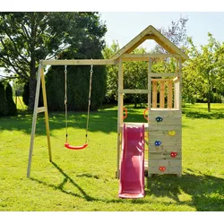 Wendi Toys Holz Spielturm Gorilla | mit Rutsche, Kletterwand, Schaukel und Picknicktisch | Natur | 290x270x270 cm