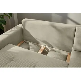 luma-home Dauerschlaf-Ecksofa Boxspring Federkern-Couch Topper Bettkasten, Cord Beige Grau / 15212
