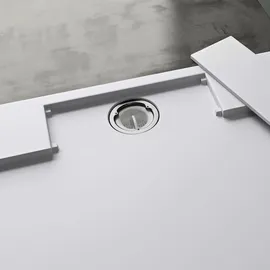 doporro Duschtasse Duschwanne 80x160x4 flach Mineralguss in Weiß inkl. Ablaufgarnitur AL06 DIN-Anschlüsse für bodenebene Montage geeignet Geoma04