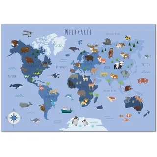 Kinderzimmer Weltkarte Poster mit mehr als 50 Tieren I Bunte Tierweltkarte Wanddeko für Jungen und Mädchen I Hochwertiger Druck (Blau, 60x40CM)
