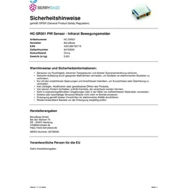 BerryBase HC-SR501 PIR Sensor - Infrarot Bewegungsmelder