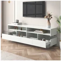 MODFU Lowboard TV-Schrank mit Nischen und Schubladen (Breite: 173,5cm), TV-Ständer hochglanz mit LED weiß