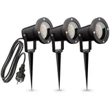 linovum CARI 3er Set Gartenleuchte mit Erdspieß - schwarze Gartenstrahler Aussen wasserfest für GU10 Spot 2m Kabel mit Stecker