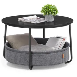 VASAGLE LILEA Kollektion - Couchtisch rund, Tisch mit Stauraum, Beistelltisch, Wohnzimmertisch mit Korb aus Stoff, modern, Metallrahmen, tintenschwarz-schiefergrau LCT244B56