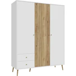 Drehtürenschrank FORTE "Harllson EasyKlix by Forte", weiß (weiß, mauvella eiche), B:154,2cm H:201,7cm T:52,2cm, FSC-zertifizierter Holzwerkstoff, Schränke, Montage von Korpus und Türen ohne Werkzeug oder Schrauben