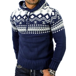Reslad Strickpullover Reslad Herren Grobstrick Pullover Norweger Winter Kapuzenpullover (1-tlg) Strickpullover Männer Norwegermuster mit Kapuze blau XXXL