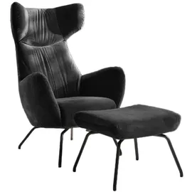 KAWOLA Ohrensessel LOTTE Velvet 79 x 117 x 80 cm Schwarz mit Hocker