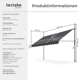 Tectake tectake® Klemmmarkise, mit Handkurbel, höhenverstellbar 211 - 304 cm, einfache Montage