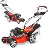 HECHT 5-IN-1 Benzin Rasenmäher – leistungsstarker 4 Takt Eco Motor - Mit Radantrieb – Elektrostart – 46 cm Schnittbreite – bis 1200m2 – patentierte Räder mit Extra Grip – Mulchmäher, Rasenmäher Benzin