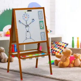 Relaxdays Kinderstandtafel, magnetische Spieltafel, höhenverstellbar, 122-160x65x69 cm, Whiteboard & Kreidetafel, braun