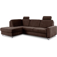 CAVADORE Ecksofa Clint / L-Form-Sofa mit Federkern und Ottomane links / Inkl. Bett, Bettkasten & Kopfstützen / Soft Clean: Leichte Fleckenentfernung / 246 x 86 x 165 / Flachgewebe: Braun