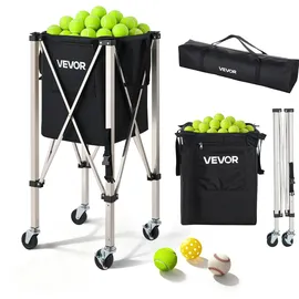 Vevor Tennisballwagen Faltbar, Tennisballkorb für 200 Tennisbälle, Klappbarer Ballwagen mit Rahmen aus Edelstahl & Tragetasche, Mobiler Ballkorb mit Rollen für Training Verein Aufbewahrung, Schwarz