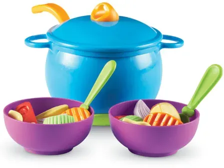 Learning Resources Spiel-Suppentopf mit Schale Spielküche Set - Kunststoff, mehrfarbig, ab 2 Jahren - Inkl. Gemüse, Pasta, Besteck