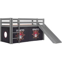 Vipack Hochbett PINO Pirates - grau Kiefer Massivholz - Rutsche, Vorhang - 90x200 cm x 200 cm, kein Härtegrad, ohne Matratze, (grau lackiert, pirat) Kinder Hochbetten