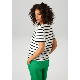 Aniston CASUAL T-Shirt ANISTON CASUAL, Damen, Gr. 48, schwarz (wollweiß, schwarz, apfelgrün), Single Jersey, Obermaterial: 100% Baumwolle, geringelt, gestreift, lässig geschnitten hüftlang, Rundhals, Shirts T-Shirt, im Streifen-Dessin mit Statement-Schriftzug