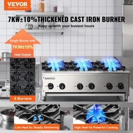 Vevor Kommerzieller Gasherd Gaskochherd mit 6 Gaskochfelder, Propan / Erdgas-Kochherd Edelstahl-Gaskochplatte, kommerzielles Kochgerät 915 x 775 x 335 mm für Restaurants Hotel Café 42 kW