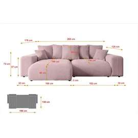 altdecor Ecksofa Cord mit Schlaffunktion 2-Sitzer Rosa