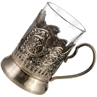 PANGBOER Russisches Kristallglas für heißen und Glashalter aus Metall, Podstakannik, altmodisches Glasgeschirr, Retro Design, Trinkgeschirr