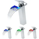 LED Wasserfall Hoch Wasserhahn Bad, 3 Farbewechsel Waschtischarmatur Hoch mit Temperatursensor, KEOKBON Beleuchtung Armatur aus 304 Edelstahl Einhebelmischer Warmes kaltes Waschbeckenarmatur, Chrom