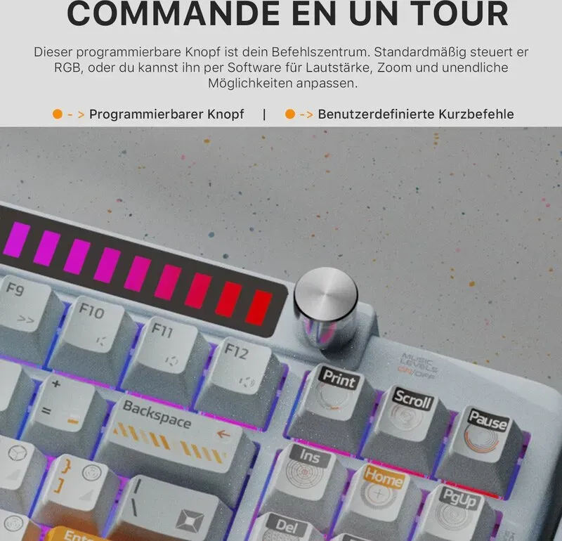 KEYSME Lunar 01 80% Tri-Mode mechanische Tastatur, US-Layout (QWERTY), Gasket-Mount mit Rhythm Light, Hot-Swap-Switches, programmierbarer Drehregler, PBT-Keycaps & 4000‐mAh‐Akku, weiß