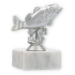 Pokal Kunststofffigur Barsch silbermetallic auf weißem Marmorsockel 11,0cm