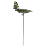 finehomegarden Gartenstecker Vogeltränke Frosch auf Blatt Metall grün Ø28cm H15cm + Stab 108cm (1-St) Futterplatz Futterstation Stecker Garten / Paket grün