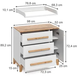 VitaliSpa Wickelkommode Malia, Weiss/Artisan, 98 x 98 cm mit Schubladen,