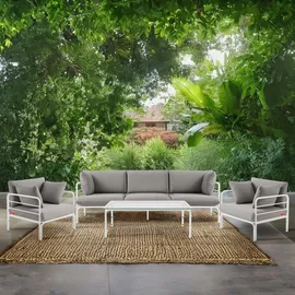 Konsimo Gartenmöbelset RAMBE 4-tlg. 1x Tisch 2x Sessel 1x Sofa 3-Sitzer, mit Auflage, Stahlrahmen, LOFT-STIL, Weiß/Hellgrau - Hellgrau