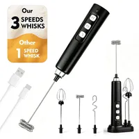 ChaneeHann Milchaufschäumer Stab, Elektrischer Milchaufschäumer mit wiederaufladbarem Basis, 3 Edelstahl-Schneebesen, 3 Geschwindigkeiten, für Kaffee, Latte, Cappuccino, Matcha, Schwarz