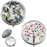 Feelairy 2 Stück Pillendose aus Metall Rund, 3 Fächer Pillendose mit Spiegel Pillenetui Klein für Unterwegs Vitamine Medizin Tablet Organizer Case Pillenbox für Tägliche und Reise Verwenden