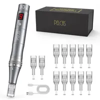 PELCAS Dermapen mit 9 Geschwindigkeitsstufen Mikronadelgerät einstellbare Länge Elektrisch Microneedling Pen Schönheit Pen mit 12 Patronen Wiederaufladbar Kabellos Mikronadel Stift