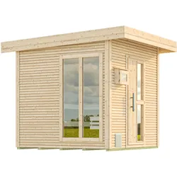 Weka Blockbohlen Saunahaus Kuopio - 45 mm Blockbohlennaturbelassen Inkl. bodentiefem Fenster 9 kW finnischem Saunaofen OS mit Ofenschutz, Anschlusskabel, analoger Steuerung