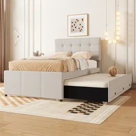 XDOVET Polsterbett, 90x200cm(90x190cm),Familienbett, Bett mit drei Schubladen, Ausziehbares Rollbett, Verstellbares Kopfteil