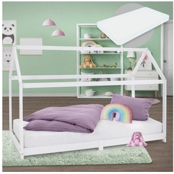 ML-DESIGN Kinderbett Kinderbett mit Dach und Lattenrost inkl. Matratze 90×200 cm Weiß aus weiß
