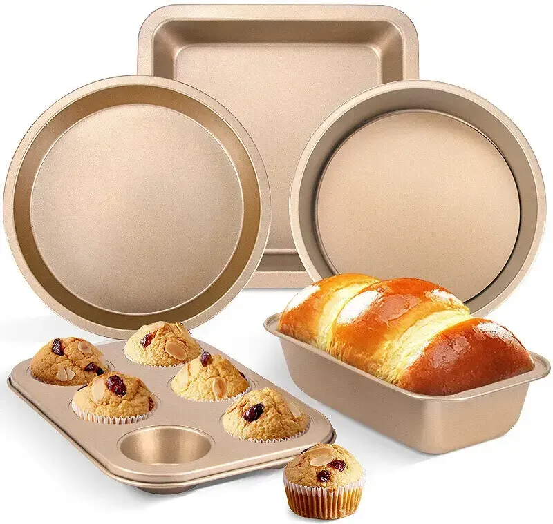 BJ Backwerkzeug, Kuchenform, komplettes Set bestehend aus Pizzateller, Toastform, Mafen-Kuchenofenform, goldfarbenes 5-teiliges Set
