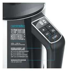 Arendo Wasserkocher 1,5 l 2200 W, Edelstahl, Doppelwand, Temperaturwahl 40 - 100°C mit Anzeige, weiß