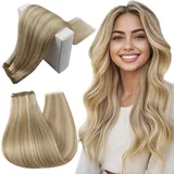RUNATURE Tressen Echthaar Blond Highlight 45cm Menschliches Haar 100g Echthaar Tressen Zum Einnähen Aschblond mit Platinblond Echthaar Tressen Extensions Glatt #18P60