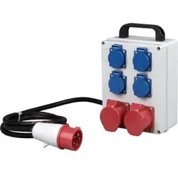 Kopp 128902004 CEE-Mobilverteiler: Eingang: CEE-Stecker (5p, 16A, 400V, 6h), Ausgang: 2x CEE-Steckdosen 4x Schutzkontakt-Steckdosen