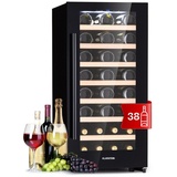 Klarstein Weinkühlschrank Freistehend, Kleiner Getränkekühlschrank Schmal, 1 Zone Weinkühlschrank mit Glastür, Indoor/Outdoor Beersafe, Kühlschrank Klein mit UV-Schutz, 5-18°C, 38 Uno für 38 Fl Touch-Display